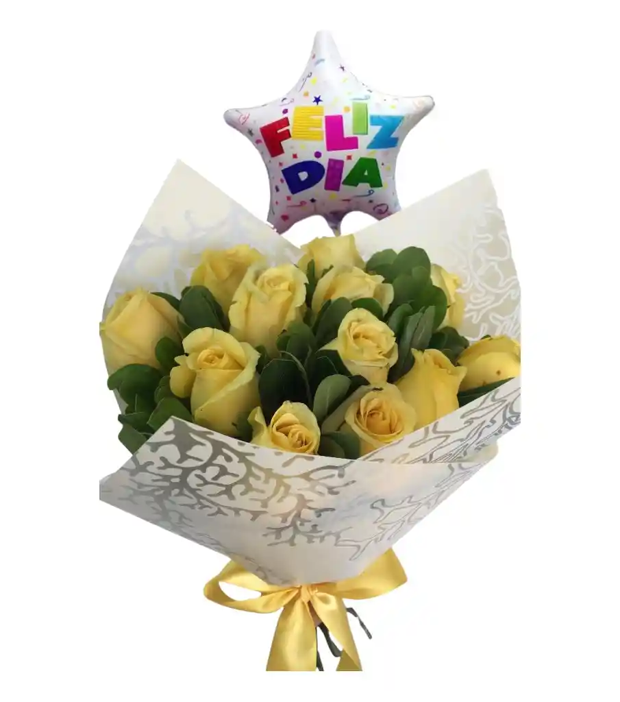 Ramo Redondo De 12 Rosas Amarillas Con Globo