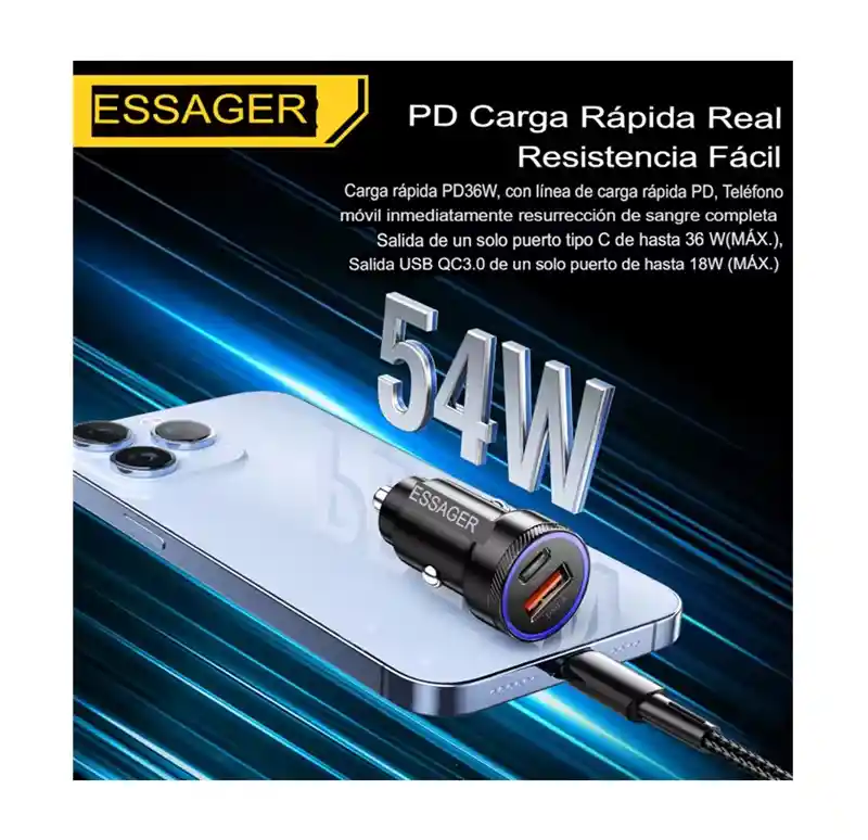 Cargador Carro Essager Usb-a+usb-c Carga Rápida 54w Aluminio