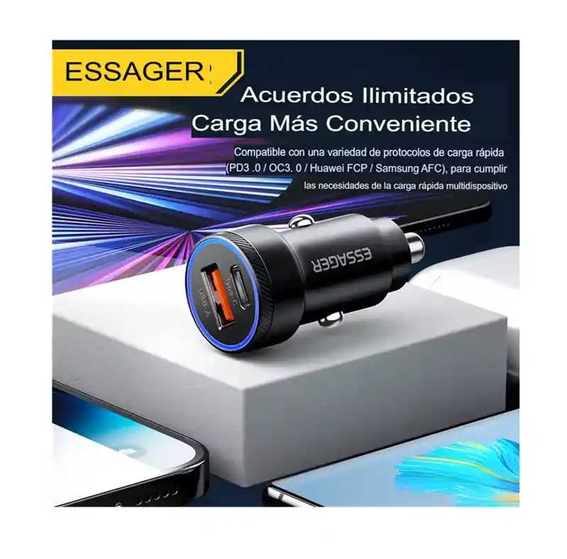Cargador Carro Essager Usb-a+usb-c Carga Rápida 54w Aluminio