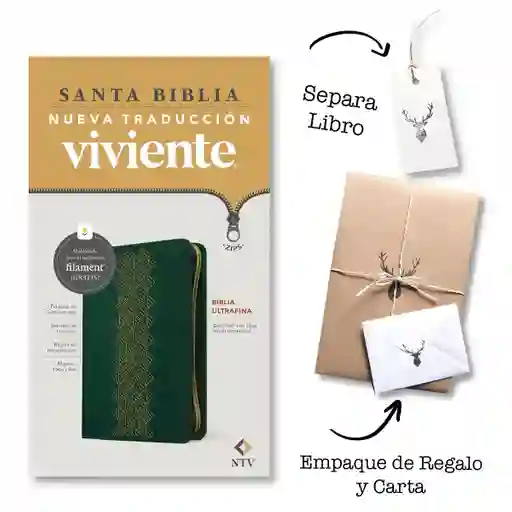 Biblia Ultrafina Ntv De Zíper Con Filament Sentipiel Verde Esmeralda