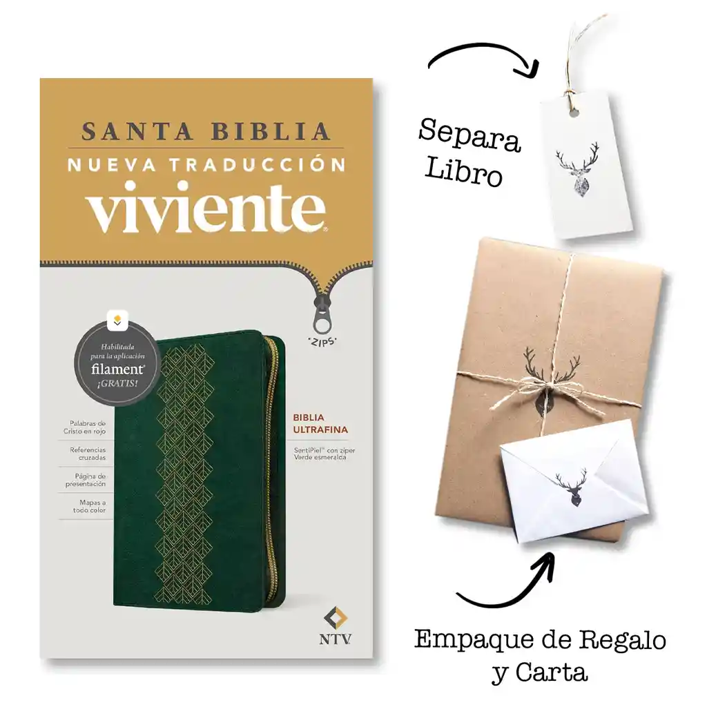Biblia Ultrafina Ntv De Zíper Con Filament Sentipiel Verde Esmeralda