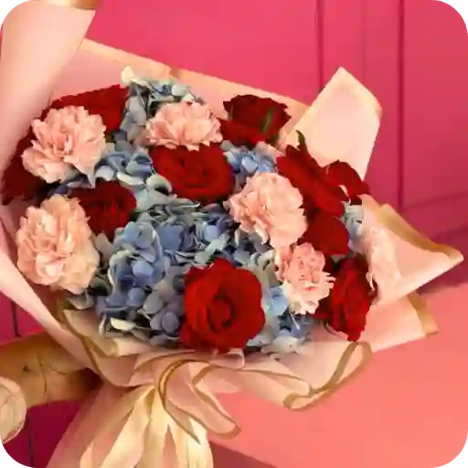 Bouquet De 12 Rosas Surtidas Con Hortensias
