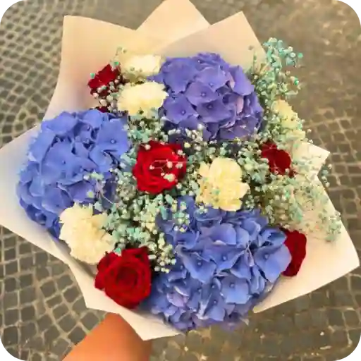 Bouquet De 8 Rosas Surtidas + Hortensias