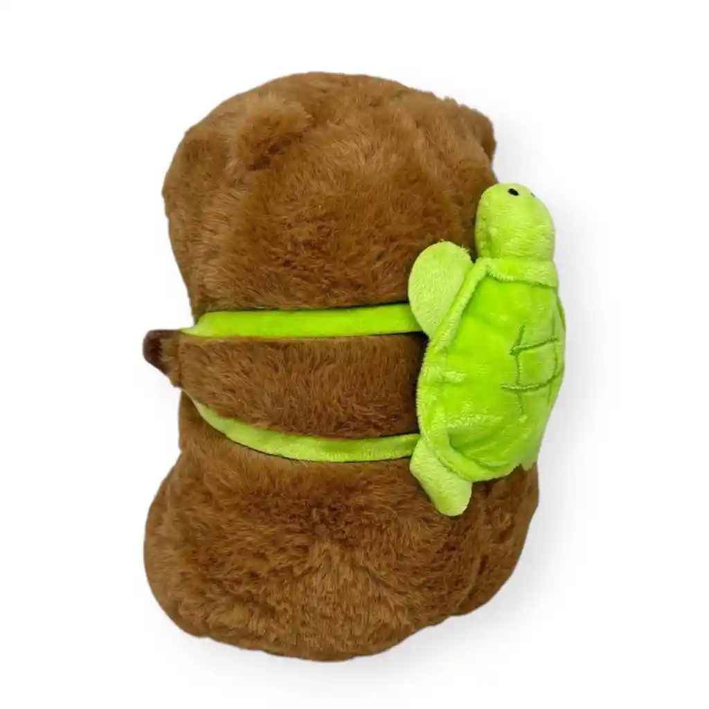 Peluche Capibara Marrón Con Maleta De Tortuga Verde 23cm
