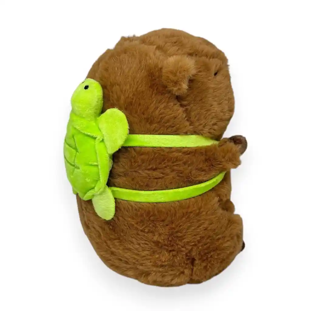 Peluche Capibara Marrón Con Maleta De Tortuga Verde 23cm