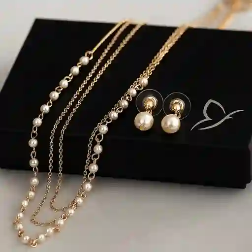 Collar Y Aretes 3 En 1 Perlas Eternas Color Dorado Fi | D1 21-0090964