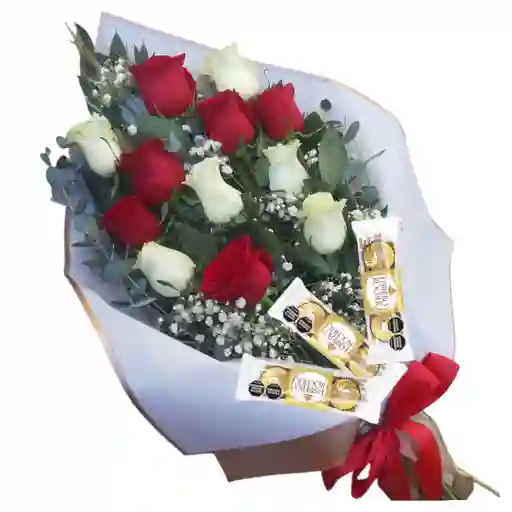 Ramo Alargado De 12 Rosas Rojas Y Blancas + Chocolates