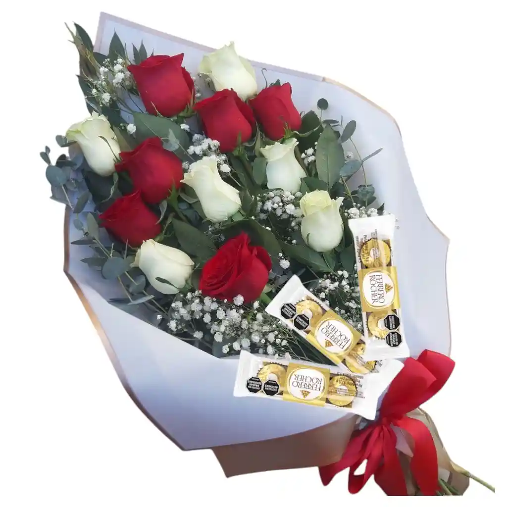 Ramo Alargado De 12 Rosas Rojas Y Blancas + Chocolates