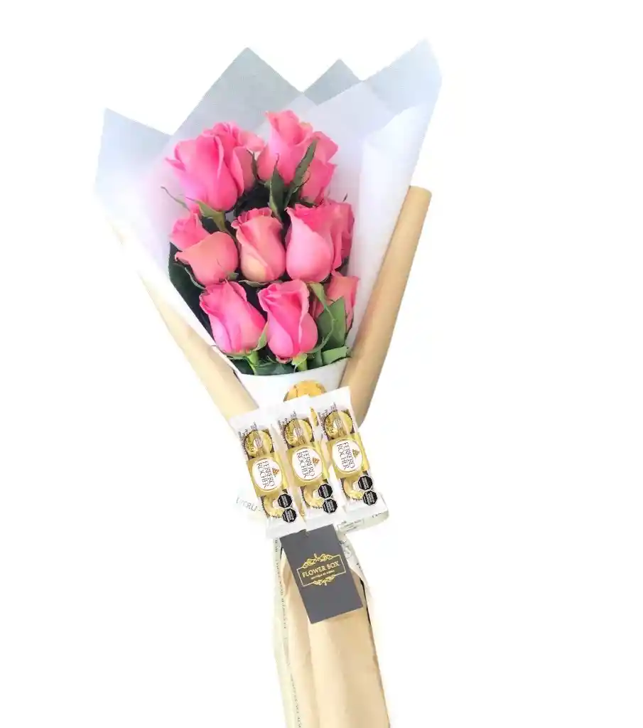 Ramo Alargado De 12 Rosas Rosadas + Chocolates