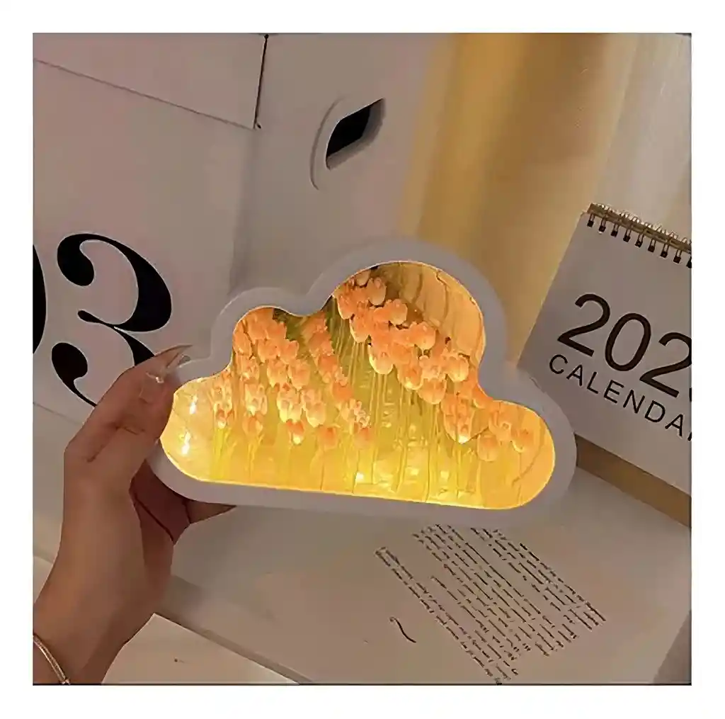 Lámpara Noche Flor Tulipanes Nube Con Espejo Romántica Estructura Blanco Pantalla Agua
