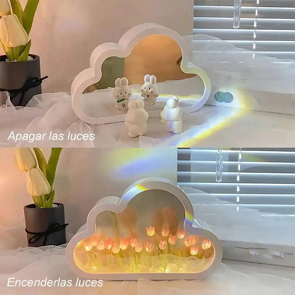 Lámpara Noche Flor Tulipanes Nube Con Espejo Romántica Estructura Blanco Pantalla Agua