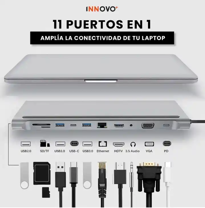 Multipuertos Hub 11 En 1 Innovo+ Con Soporte Plegable Para Laptop Portatil