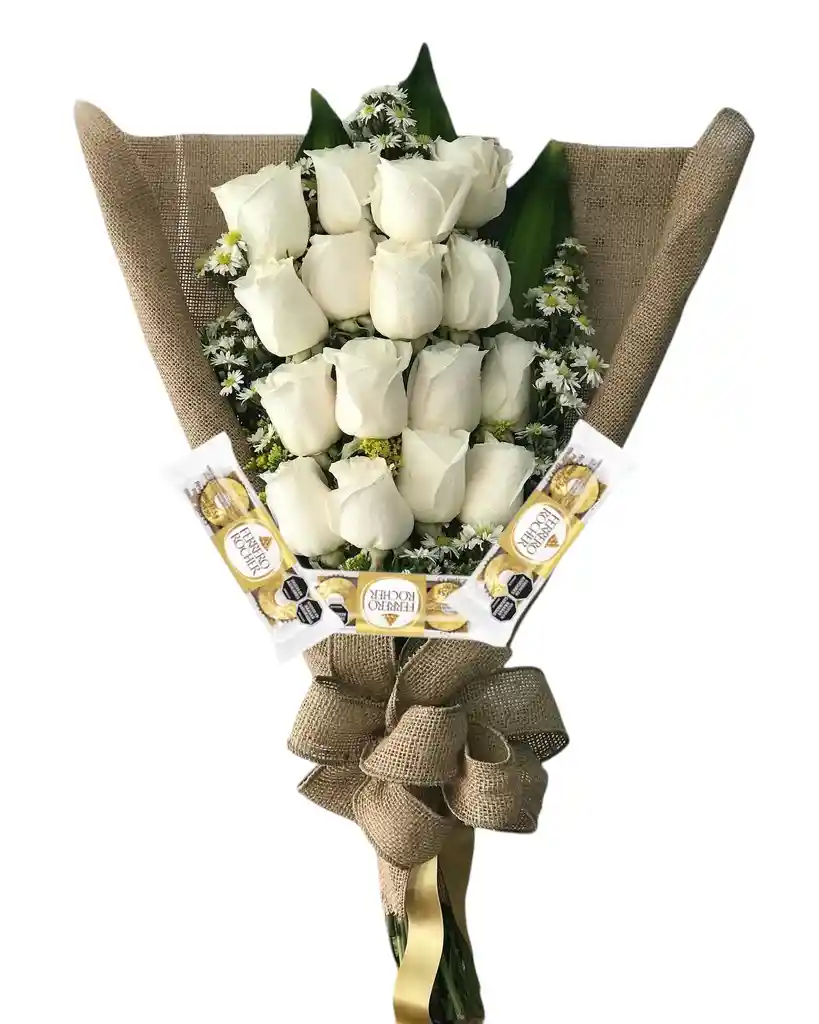 Ramo O Bouquet Alargado De 12 Rosas Blancas Con Chocolates