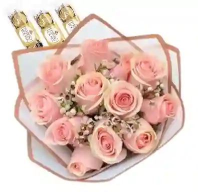 Bouquet Redondo De 12 Rosadas Con Ferrero