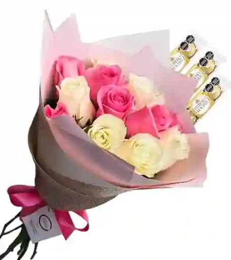 Bouquet Redondo De 12 Rosadas Y Blancas Y Chocolates