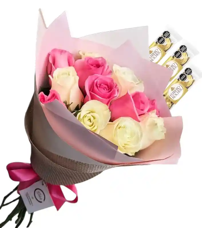 Bouquet Redondo De 12 Rosadas Y Blancas Y Chocolates