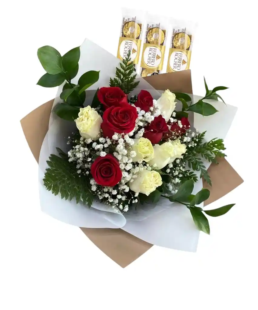 Ramo Redondo De 12 Rosas Rojas Y Blancas + Ferrero