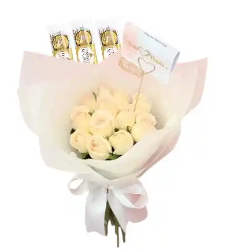 Ramo O Bouquet Redondo De 12 Rosas Blancas Con Chocolates