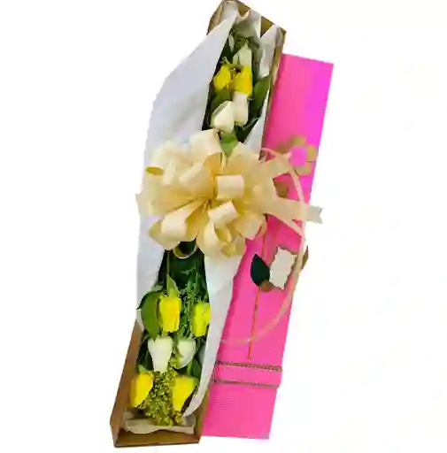 Caja 12 Rosas Blancas Y Amarillas
