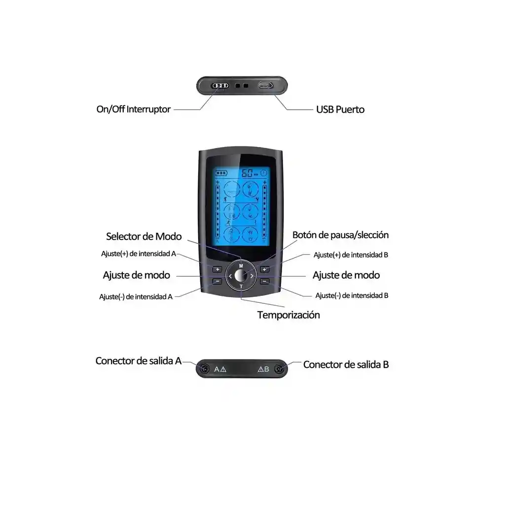 Electroestimulador Recargable Tens Ems 24 Modos 8 Pads Negro