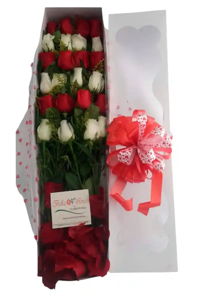 Detalle Sorpresa - Caja 12 Rosas Blancas Y Rojas