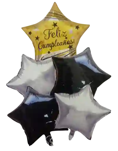 Bouquet Globos Y Bombas Feliz Cumpleaños Negro Y Plata 5 Piezas