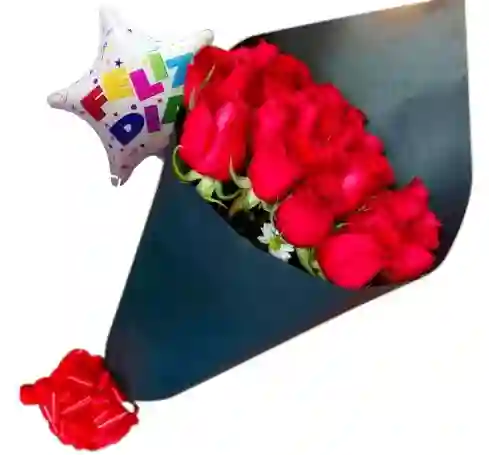 Ramo Buchón Redondo De 18 Rosas Rojas Y Globo