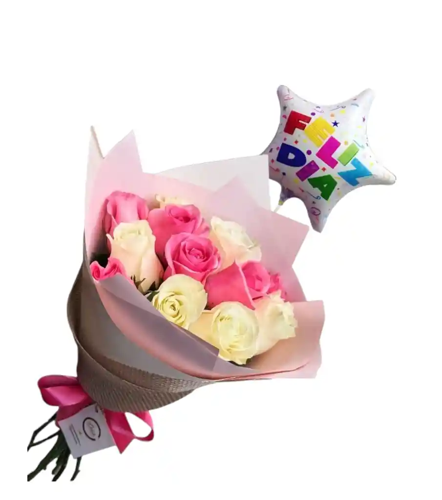 Ramo O Bouquet Redondo De 18 Rosadas Y Blancas Con Globo