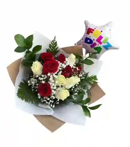 Ramo O Bouquet Redondo De 18 Rosas Rojas Y Blancas Y Globo