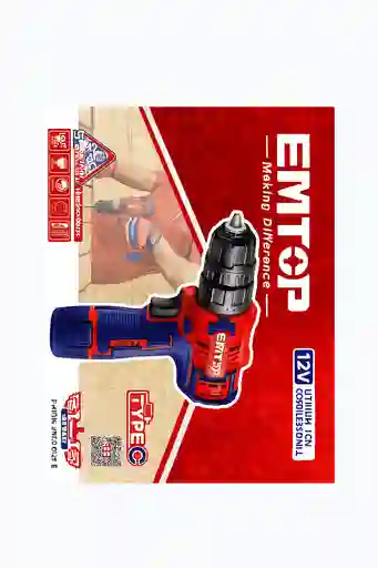 Taladro Atornillador Inalámbrico 12v Emtop – Batería Litio (puerto Tipo C, Sin Cargador)