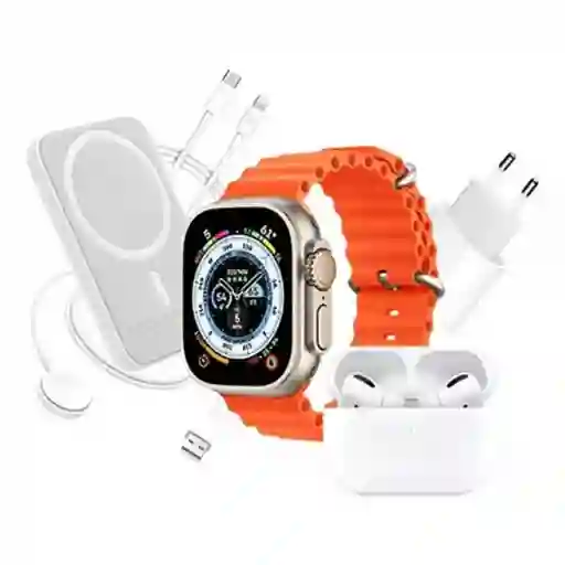 Kit Reloj Smart Watch X8 Ultra + Audífonos Inalambricos + Power Bank Color Naranja