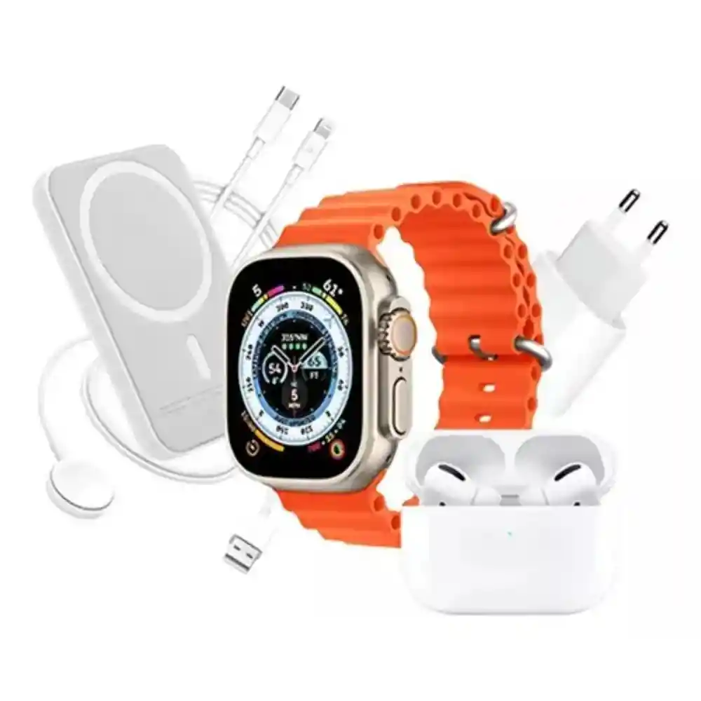 Kit Reloj Smart Watch X8 Ultra + Audífonos Inalambricos + Power Bank Color Naranja