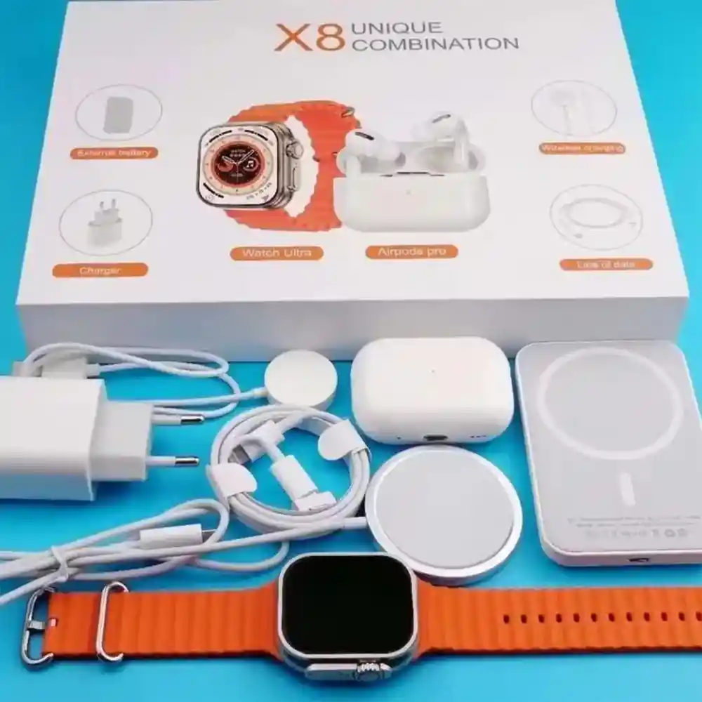 Kit Reloj Smart Watch X8 Ultra + Audífonos Inalambricos + Power Bank Color Naranja