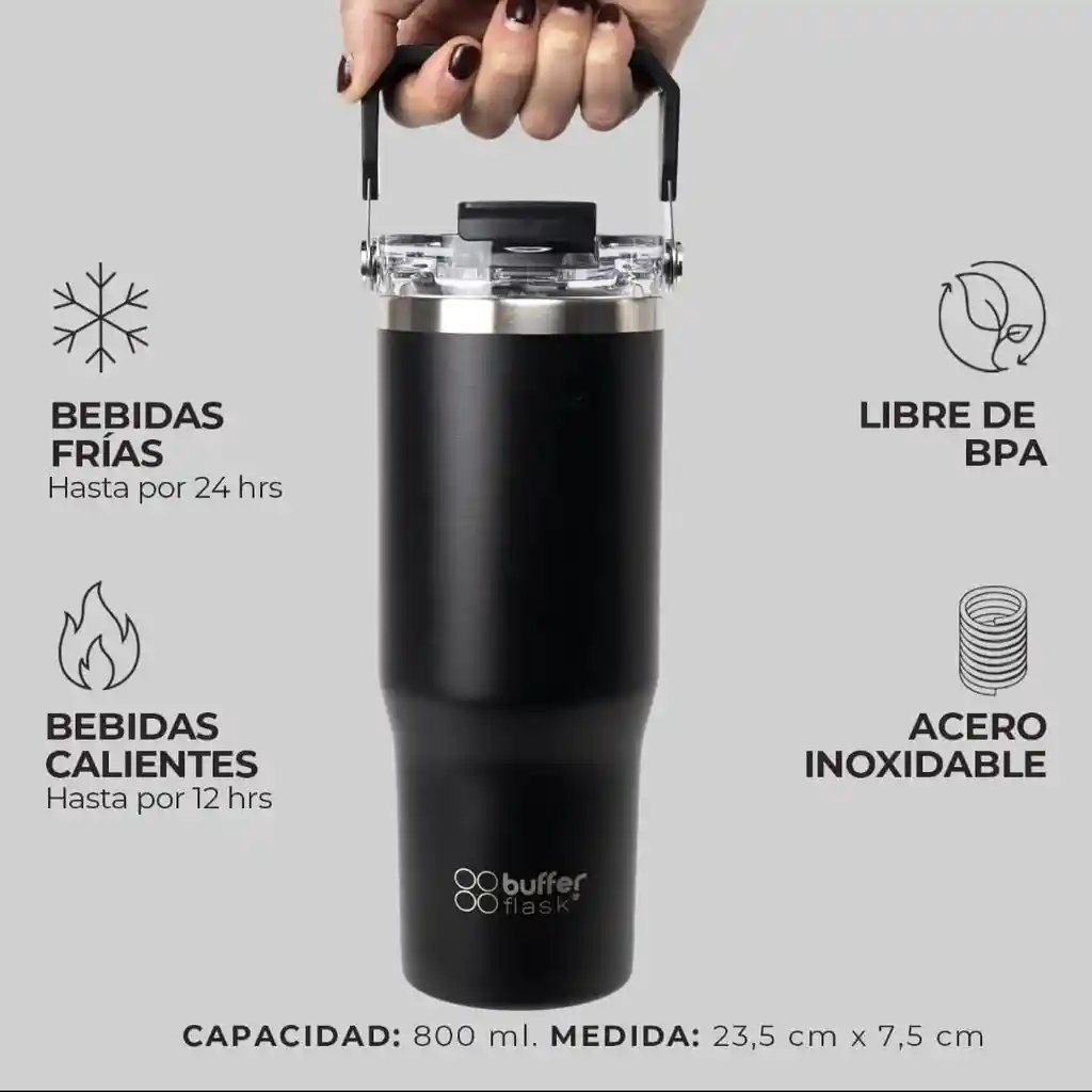 Termo Botella Termica Con Mango Buffer Acero Inoxidable Negro