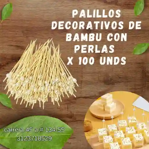 Palillos Decorativos De Bambu Con Perlas X 100 Unds