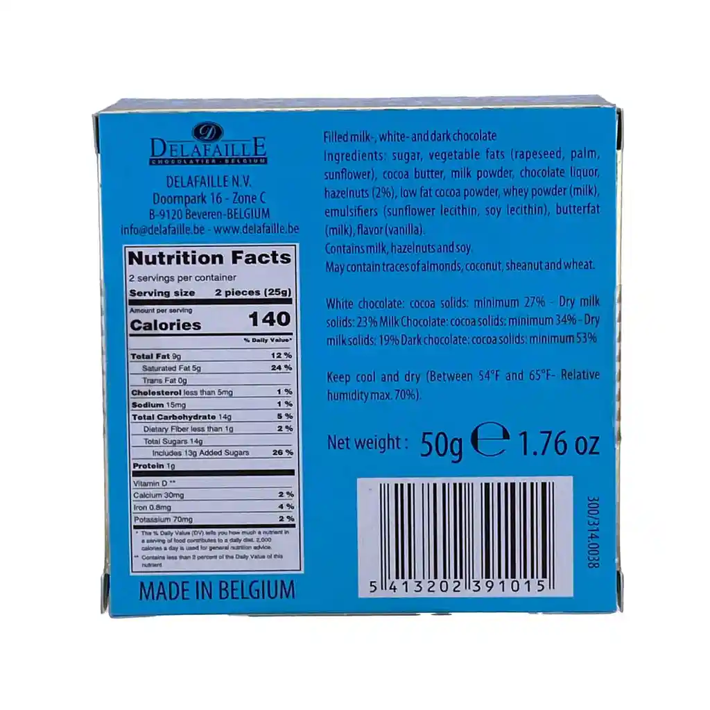 Delafaille Chocolates Belgas Vainilla 50g (1.76 Oz) Referencia D1338