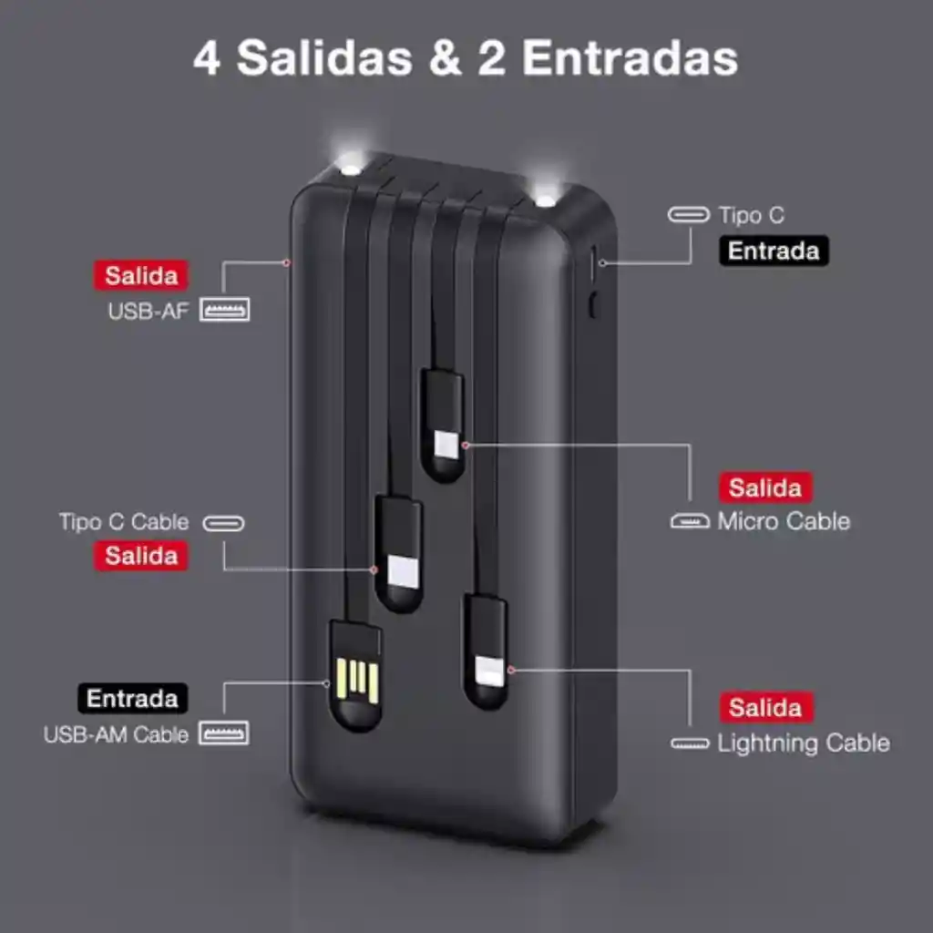 Power Bank 20000 Mah Carga Rápida Bateria Portátil Con 4 Cables Incorporados Pantalla Led