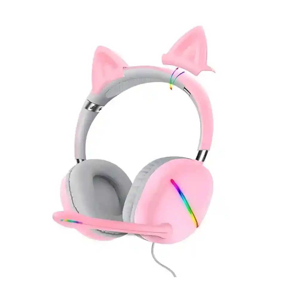 Diadema Gamer Con Orejas Moviles Akz | Livianos | Rgb | Rosa