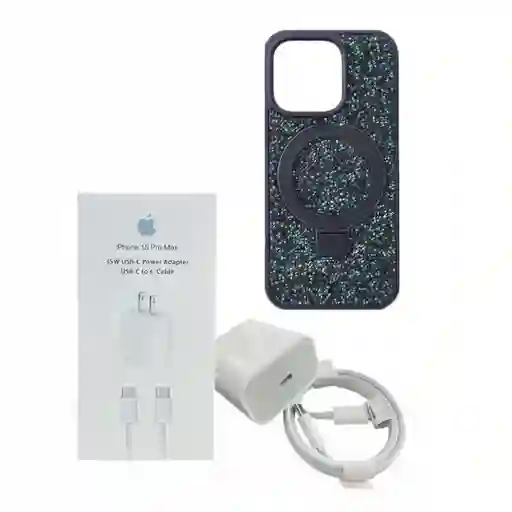 Combo Cargador Iphone 15 Pro Max Carga Rapida 35w Tipo C + Funda Case Diamante De Lujo Soporte Magsafe Iphone 15 Pro Max
