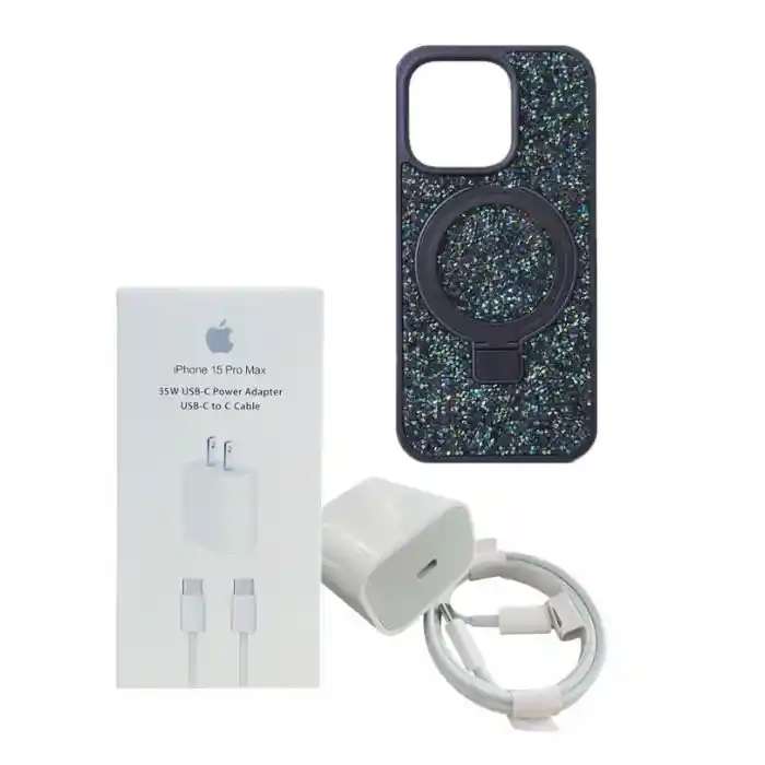 Combo Cargador Iphone 15 Pro Max Carga Rapida 35w Tipo C + Funda Case Diamante De Lujo Soporte Magsafe Iphone 15 Pro Max