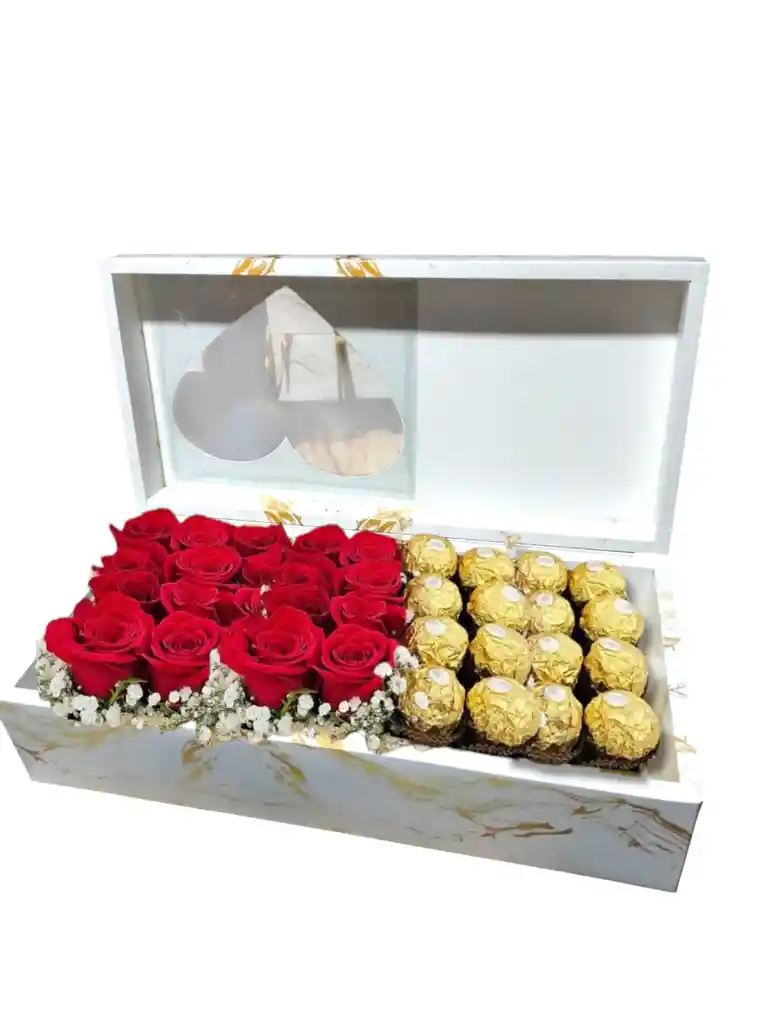 Caja 18 Rosas 12 Chocolates Ferrero Rocher.