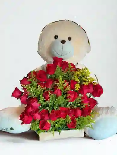 Canasta De 40 Rosas Con Oso De Peluche Grande