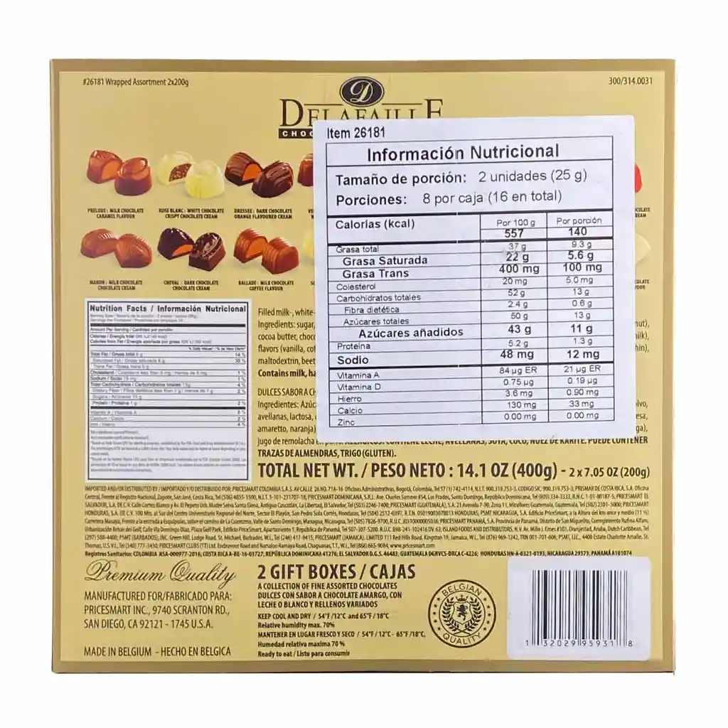 Delafaille Bombones De Chocolates Belgas Finos 2 Unidades 200 G C/u (7.05 Oz) Total 14.1 Oz (400g) Estuche Verde