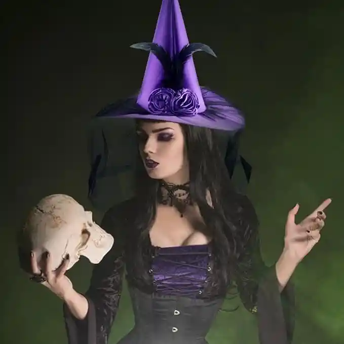 Sombrero De Bruja Hechicera Con Tul, Satín, Pluma Y Rosa
