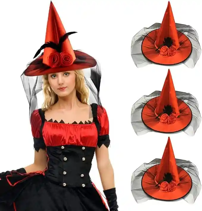 Sombrero De Bruja Hechicera Con Tul, Satín, Pluma Y Rosa