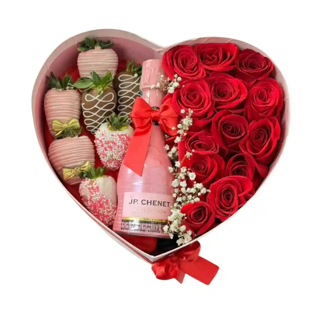 Corazón Premium Con Rosas Y Fresas Amor Y Amistad