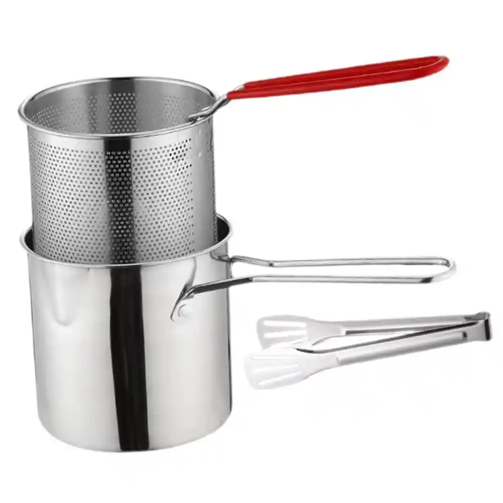 Olla Freidora Manual De Acero Inoxidable + Cesta + Pinzas