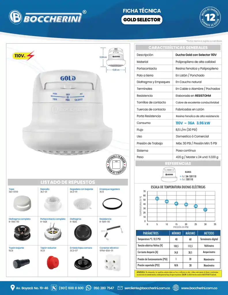 Ducha Electrica Blanca Regulable Gold De 110v Boccherini