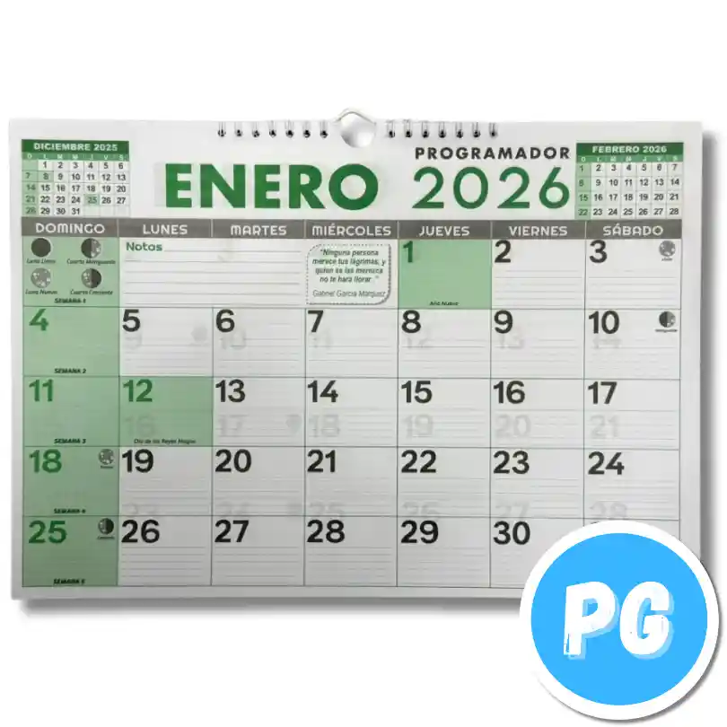 Programador (calendario) Grande Pared 2026 Horizontal 26x35 Centimetros