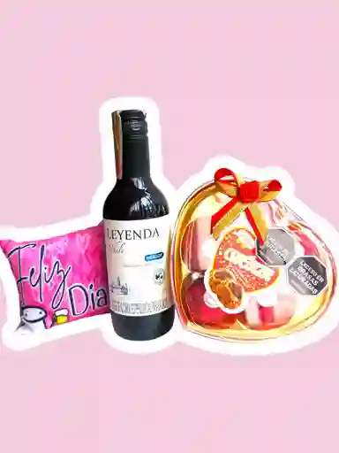 Regalo Con Vino, Chocolates Y Tierno Cojin - Feliz Dia - Feliz Cumpleaños - Amor Y Amistad